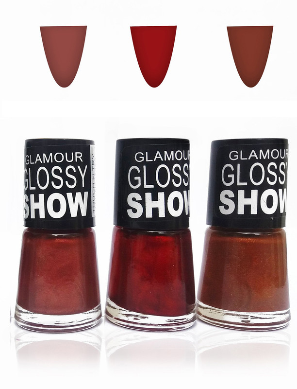 glamour glossy show cosmetics makeup touch n try glossy nail polish extra shine Fashion color brown maroon red and Beautiful Combo set of 3 red,brown,maroon