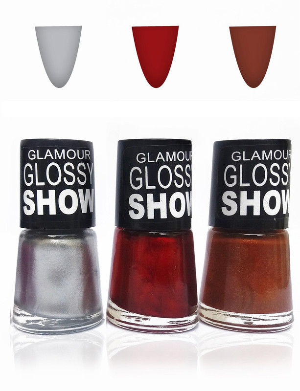 glamour glossy show cosmetics makeup touch n try glossy nail polish extra shine Fashion color brown silver red and Beautiful Combo set of 3 silver,brown,red