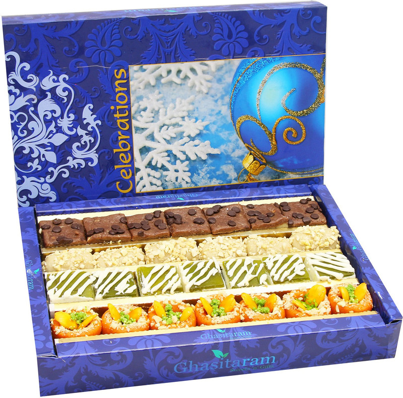 Ghasitaram Gifts Sweets- Assorted Box of Kaju Chocolate Barfi,Mango Bite,Kaju roll and Kaju Orange delight Box(800 g)