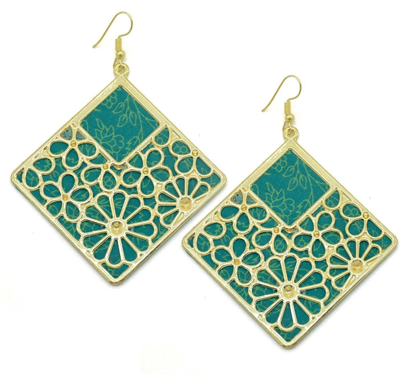 masterpiececrafts Green Block Print Cotton Square Earrings Brass Drops & Danglers