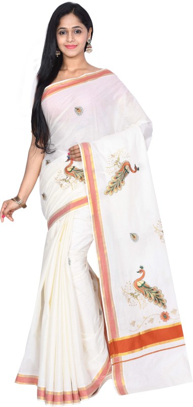 Marjoram Colors Embroidered Kasavu Handloom Cotton Blend Saree(White)