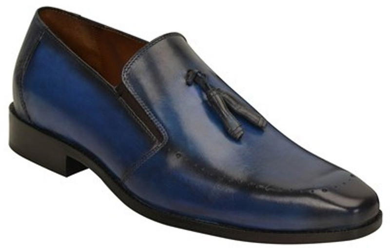 brune BRUNE STYLISH BLUE HAND PAINTED LEATHER TASSEL LOAFER SHOES FOR MEN Slip On For Men(Blue)