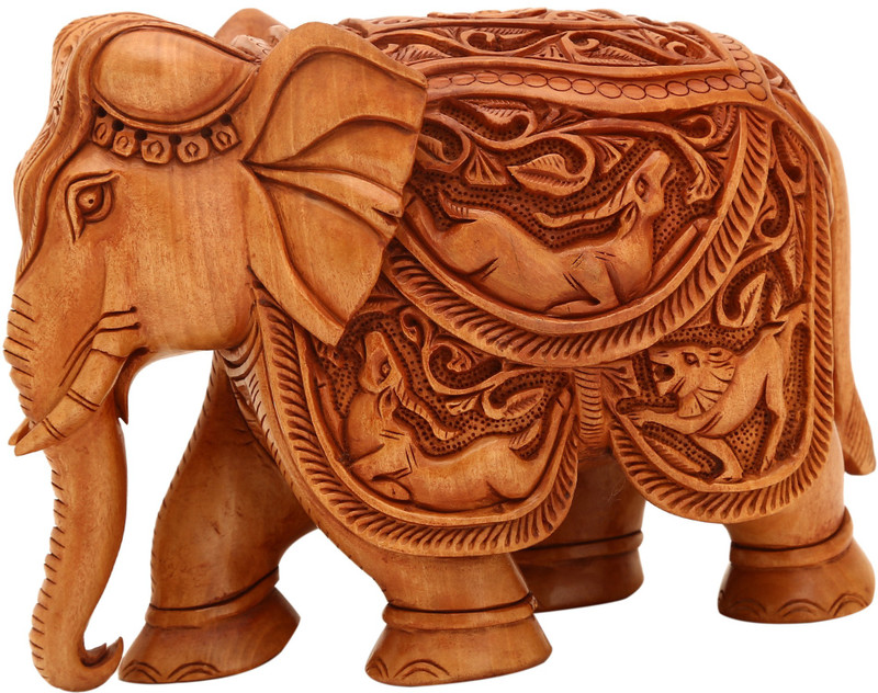 shivika enterprises Hand Carved Royal Down Trunk Elephant Figurine with Hunting Scene Decorative Showpiece  -  12 cm(Wood, Brown)