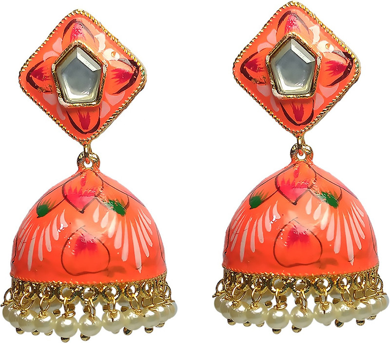 cemaya Meenakari Hand Painted and Gold Plated Jhumki Earring with Kundan for Women in orange Brass Jhumki Earring