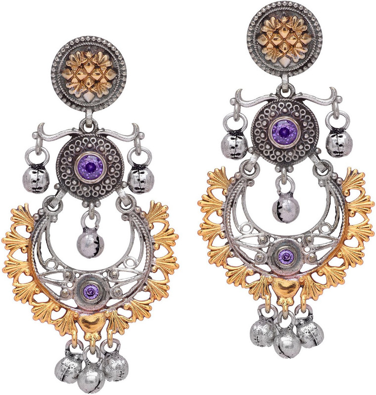 johny arts Hand made Beautiful Designer Silver Oxidised Floral Shape Silver Beads & Amethyst Stone Hanging Earrings in Original Dual Tone Plating for Womens & Girls Amethyst Brass Jhumki Earring