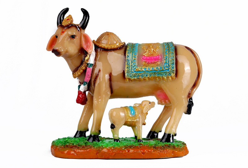 mantra art gallery marble base polyresin Handcrafted Decorative Kamadhenu Cow & marble base polyresin Statue Divine Showpiece/ Spiritual Vastu Nandi Pooja Figurine Sculpture/ Designer Stone Studded Gau Mata Animal Puja Idol Decorative Showpiece  -  21 cm(Stone, Green)