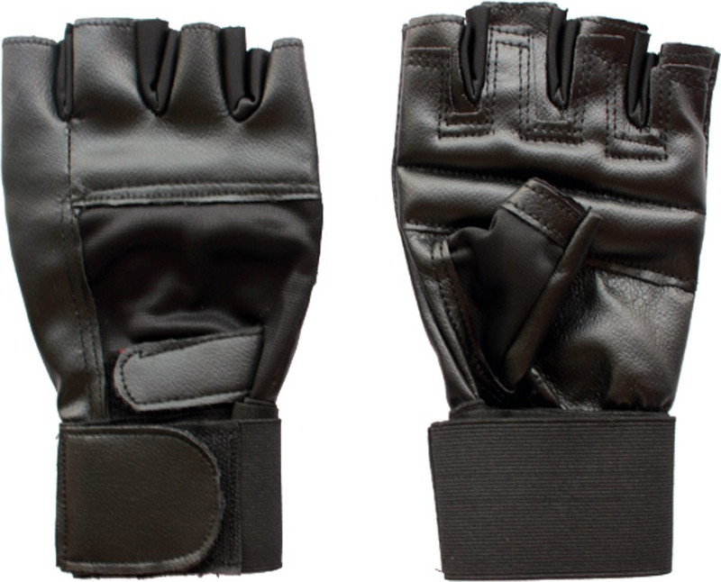 RIPRO Leather with wrist Band Gym & Fitness Gloves (L, Black)