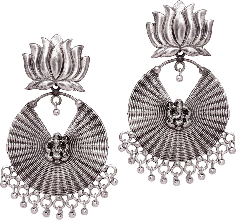 johny arts Desinger Lord Ganesha & Lotus Floral Shape Look Like Original Silver Oxidised Earring For Womens & Girls Brass Jhumki Earring