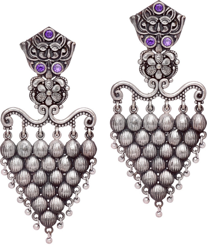 johny arts Designer Tringle Shape in Amethyst Stone Look Like Original Silver Oxidised Earrings for Womens & Girls Amethyst Brass Jhumki Earring
