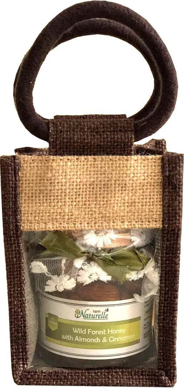 Farm Naturelle Aesthetically designed Jute bag with Cinnamon infused Pure Raw Natural Forest Honey and Almonds (Badaam)-250 Gms-Diwali Health Gift item Pack (250 g)
