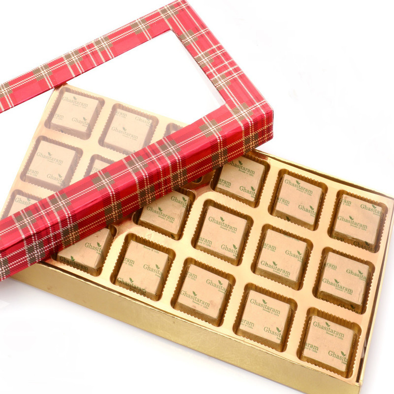 Ghasitaram Gifts Red Checks 18 pcs Mewa Bites Box Box(360 g)