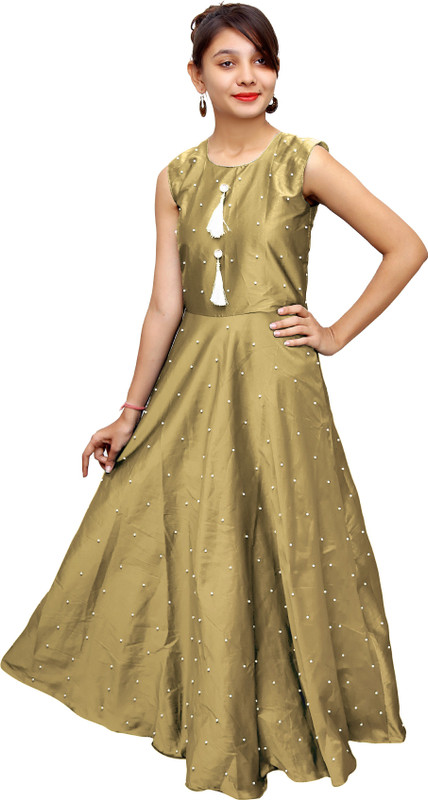 kpfashion Girls Maxi/Full Length Party Dress(Beige, Sleeveless)