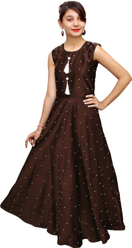 satyamfab Girls Maxi/Full Length Party Dress(Brown, Sleeveless)