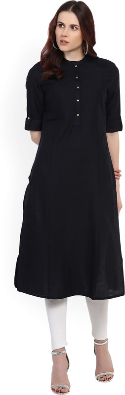 W Women Solid Straight Kurta(Black)