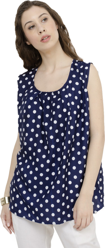 anise Casual Sleeveless Polka Print Women Dark Blue Top