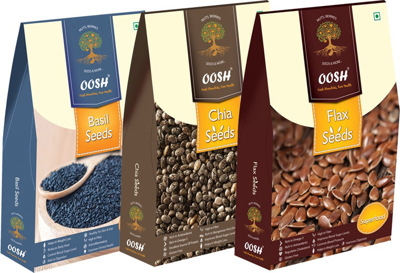Oosh Brown Flax Seeds, Chia Seeds, Sweet Basil Seeds(1500 g, Pack of 3)