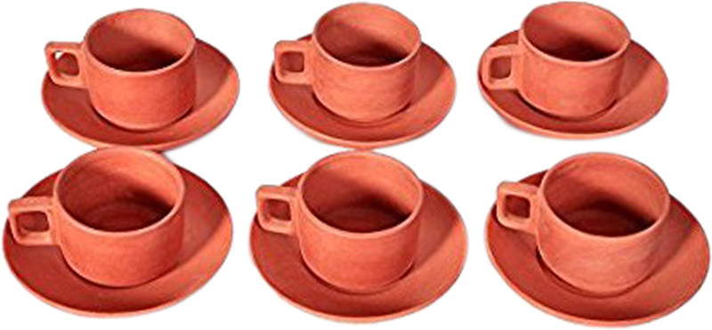 vsudhev Clay Tea & Coffee Cups & Saucer Set PTFE (Non-stick)(Brown, Pack of 12)