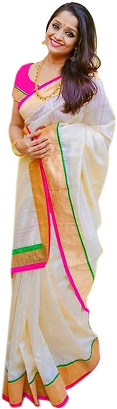krizler Solid Bollywood Poly Georgette Saree(White, Gold, Pink)