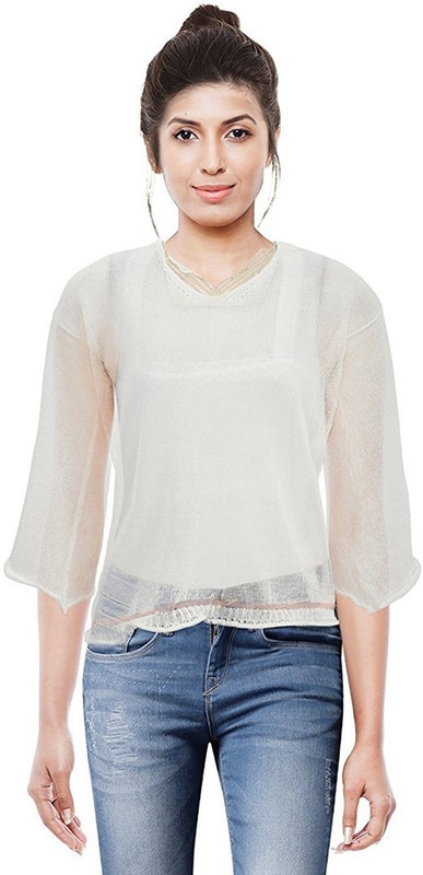 fashiol Casual Kimono Sleeve Self Design Women White Top