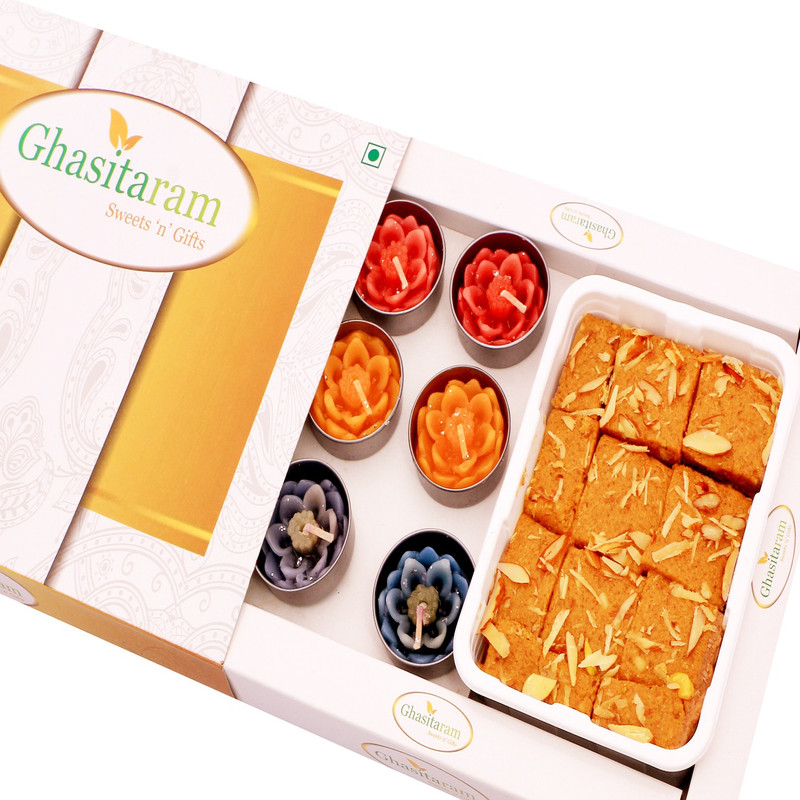 Ghasitaram Gifts Mithai Hampers - Nani's Special Besan Barfi and Set of 10 T-Lites Box(400 g)