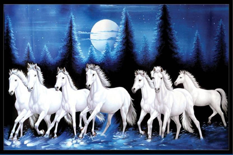 "vastu poster" white 7 horse running banner poster(12 x 18 inch) Paper Print(12 inch X 18 inch)