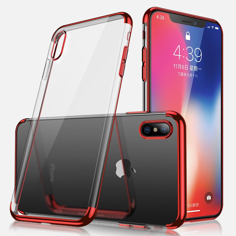 ibubble Back Cover for iPhone X [Ultra Thin ]Protective Cover Flexible [Electroplated] Silicone Gel Rubber Clear Case(Red, Grip Case)
