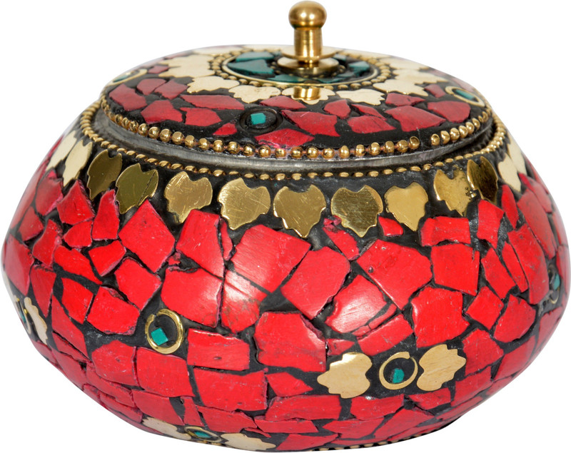 ramani Brass Hand Made Sindoor Box (7.5 cm x 7 cm x 5 cm, Red) Decorative Showpiece  -  4 cm(Brass, Red)