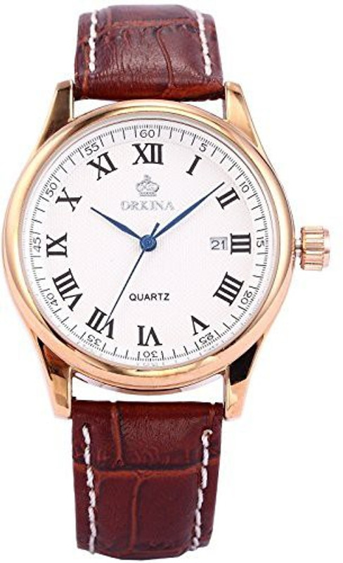 Orkina white11271 ORKINA Elegant Men's Brown Leather Analog Date Quartz Wrist Watch Gift ORK158 Analog Watch  - For Men