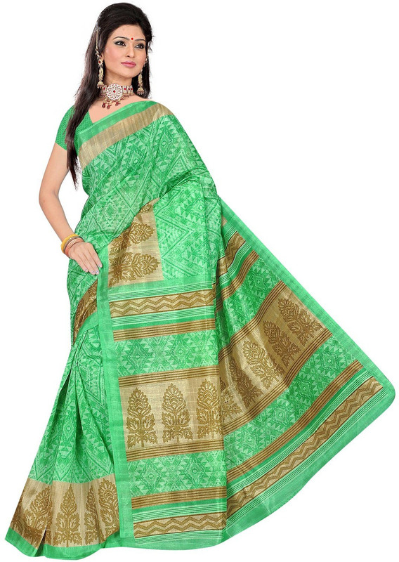 Winza Designer Printed, Self Design, Paisley, Geometric Print, Solid Bhagalpuri Cotton Blend Saree(Green)