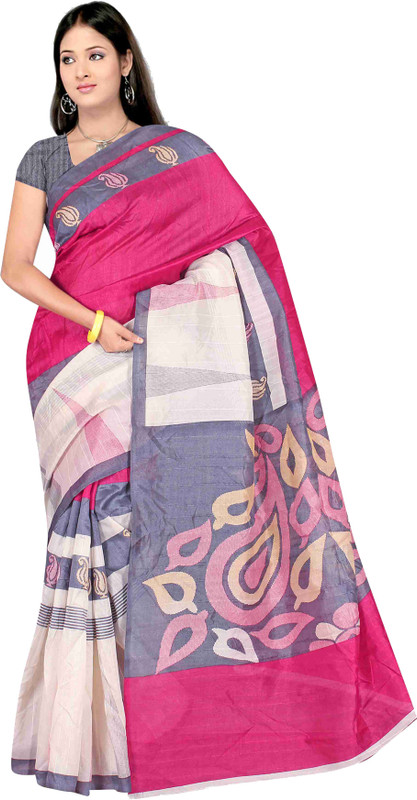 Winza Designer Self Design, Printed, Paisley, Geometric Print, Solid Bhagalpuri Cotton Silk Saree(White, Pink)