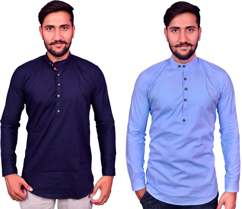 MR.KAMEEJ Men's Solid Straight Kurta(Blue, Light Blue)