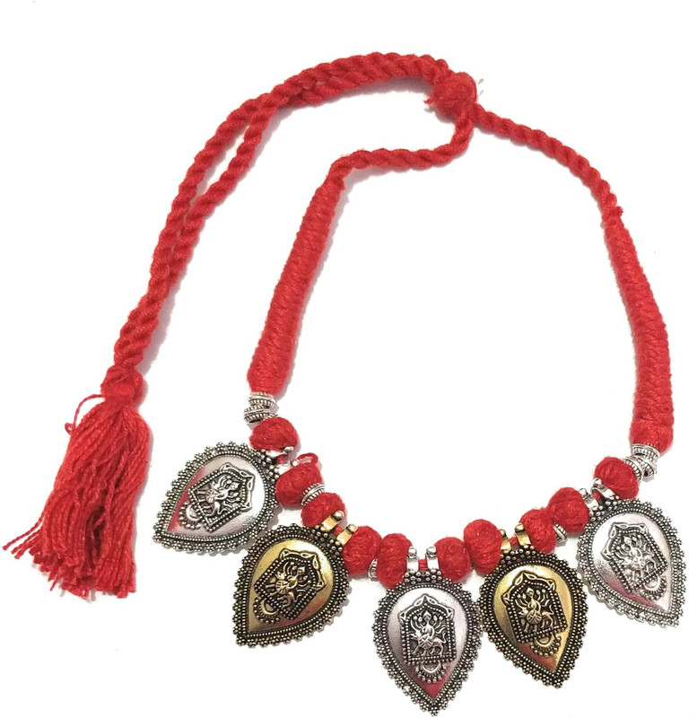 athizay Red Thread Choker Necklace Metal leaf embellishment A complete Tribal jewelry Fabric Choker