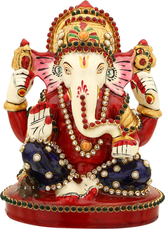 shivika enterprises Resin Round Base Sitting Lord Ganesha Statue Multicolor Stone Stud Crown on Head Gajanan Idol for Home And Office. Decorative Showpiece  -  11 cm(Porcelain, Multicolor)