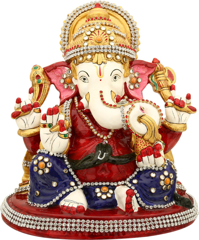 shivika enterprises Resin Enamel Work Lord Ganesha Statue Black Snake Around Waist Flower In Trunk Sitting On Round Base Ideal For Home And Office. Decorative Showpiece  -  17 cm(Porcelain, Multicolor)