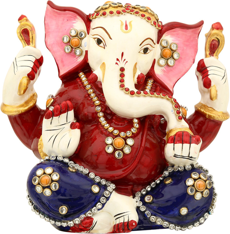 shivika enterprises Resin Enamel Work Lord Ganesha Statue Eating Ladoo Big Pot Belly Stone Work On Head Ideal For Home And Office Decorative Showpiece  -  11 cm(Porcelain, Multicolor)