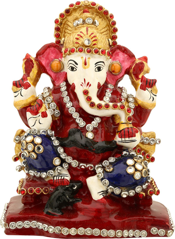 shivika enterprises Resin Enamel Work Lord Ganesha Statue Stone Stud Crown On Head Eating Ladoo Vinayaka Statue For Home and Office Decorative Showpiece  -  9 cm(Porcelain, Multicolor)