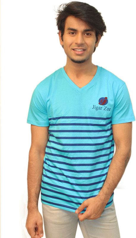 jigarzee Striped Men V-neck Light Blue T-Shirt