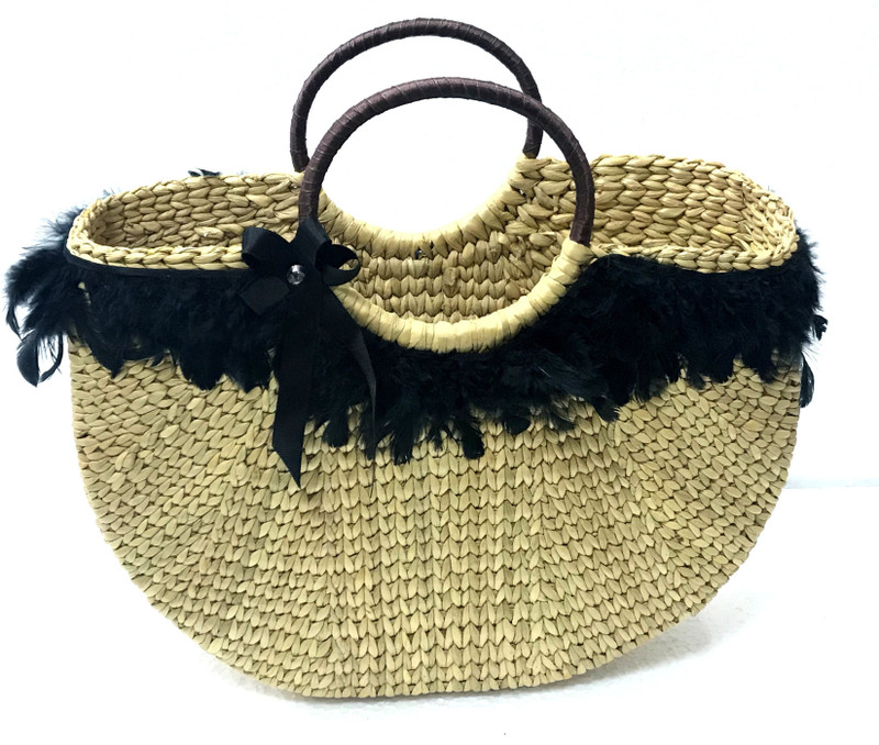 sanskritindia Semi- Circle With Black Feather Handmade Cane Basket Multipurpose Bag(Beige, 1 L)