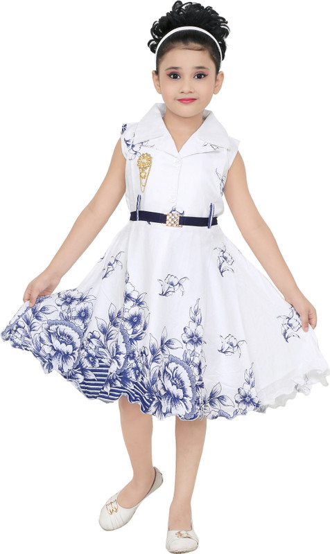 smartbazar Girls Midi/Knee Length Party Dress(White, Sleeveless)