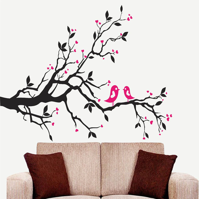 walkart Large wallstickers (7520) black branch with pink love birds  Sticker(Pack of 1)