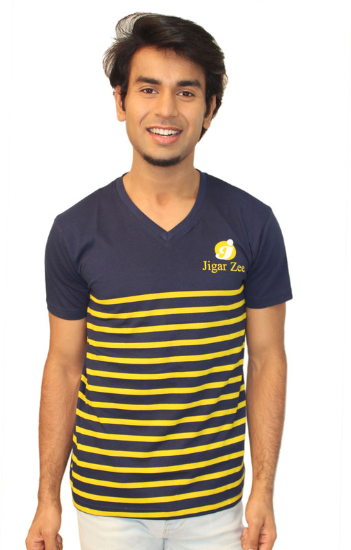 jigarzee Striped Men V-neck Dark Blue T-Shirt