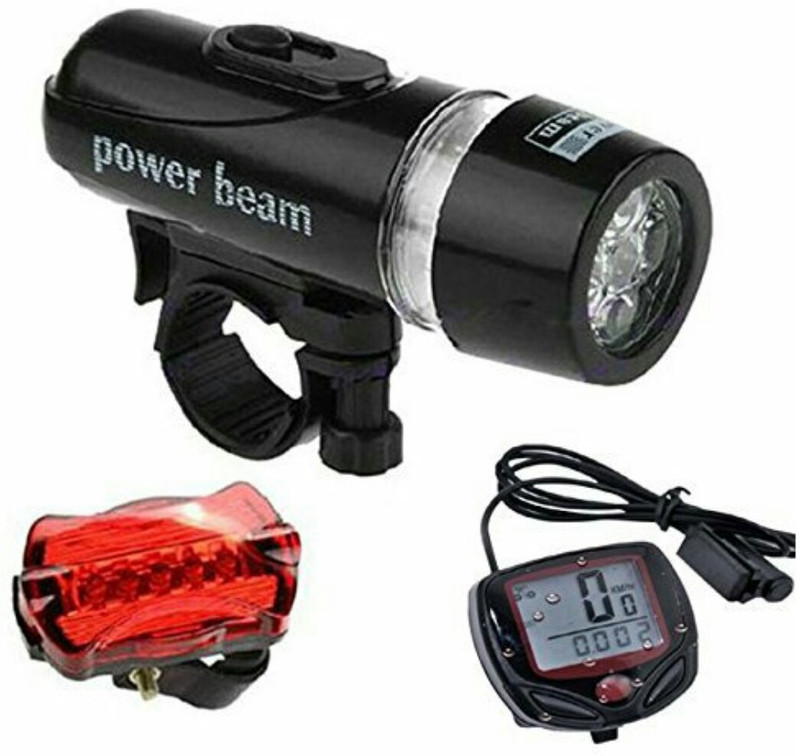 cycle world  LED Headlight Rear Light and Speedometer Bicycle Combo LED Front Rear Light Combo(black)