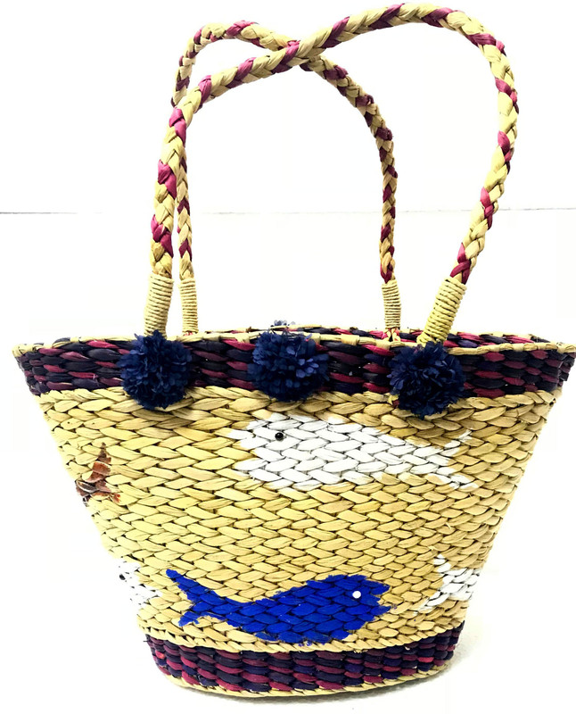 sanskritindia Cane Woven Basket Beautiflly Emblieshed With Pom Pom And Lace Multipurpose Bag(Beige, 2 L)