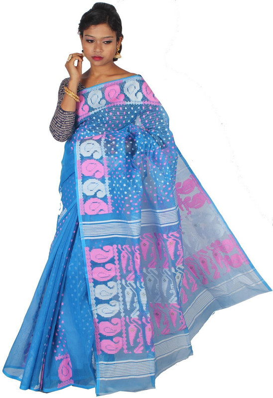 ar shop Woven Jamdani Cotton Silk Saree(Blue)