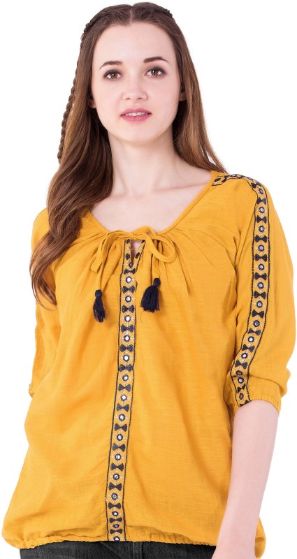 AANIA Casual 3/4 Sleeve Embroidered, Embellished Women Yellow Top