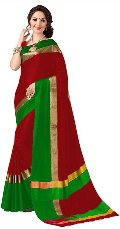 Clickedia Solid Rajshahi Polycotton Saree(Pack of 2, Red, Green)