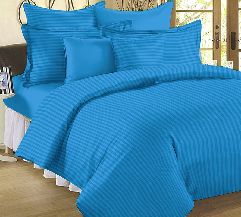 Papillon 210 TC Cotton Double King Striped Bedsheet(Pack of 1, Light Blue)