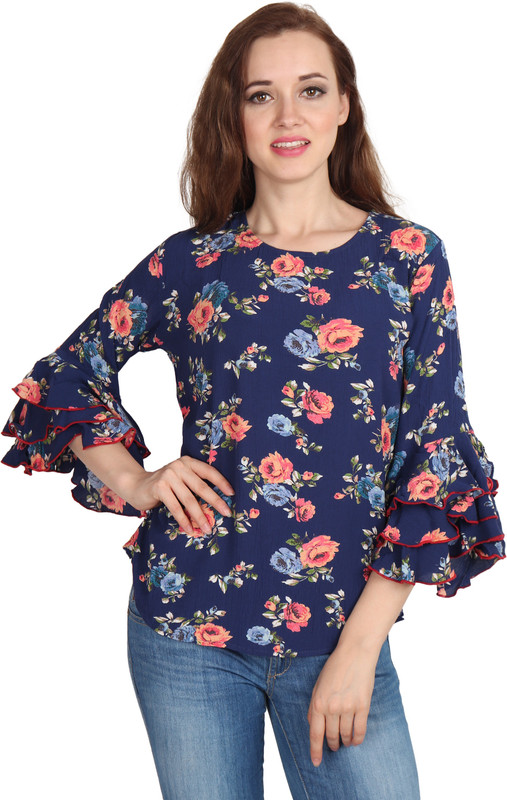ihastrenz Casual Layered Sleeve Floral Print Women Dark Blue Top
