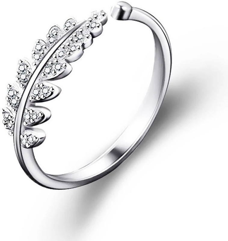 WearYourFashion Open Design Leaf Alloy Cubic Zirconia Platinum Plated Ring