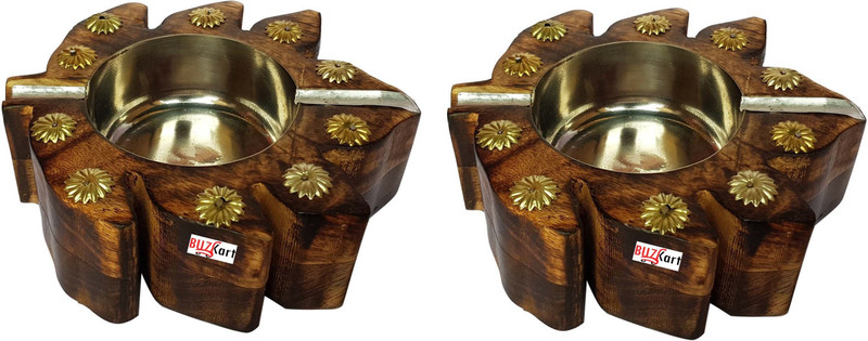 buzykart Antique Look Hand Carved Ashtrays With Leaf Design (Set Of 2) Brown Wood Ashtray(Pack of 2)